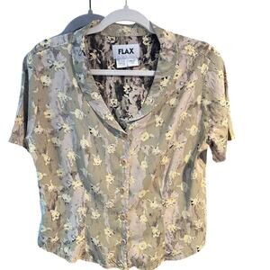 FLAX Women's Floral Print Short Sleeve Collared Button Down Blouse, Size S. EUC